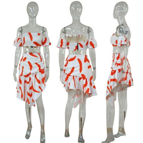 Plus Size Sleeve Print Ruffle Sexy Dress