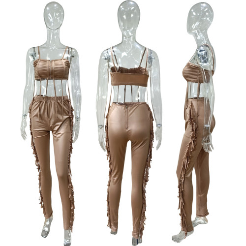 Sexy Ladies Top Sleeveless Sling Fringed Faux Leather Leggings Set