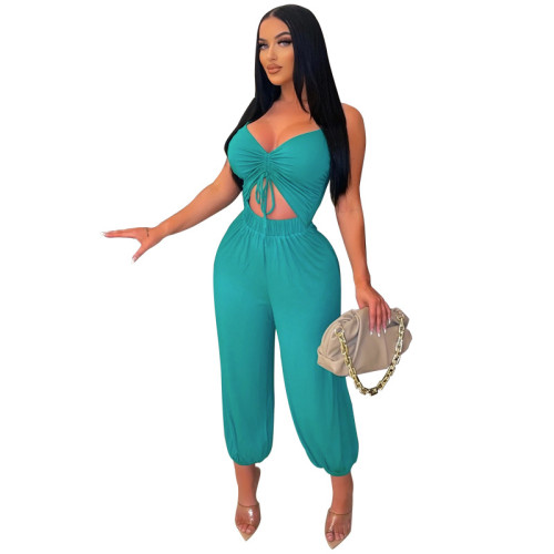 Low cut casual plus size smocked suspender jumpsuit bloomers