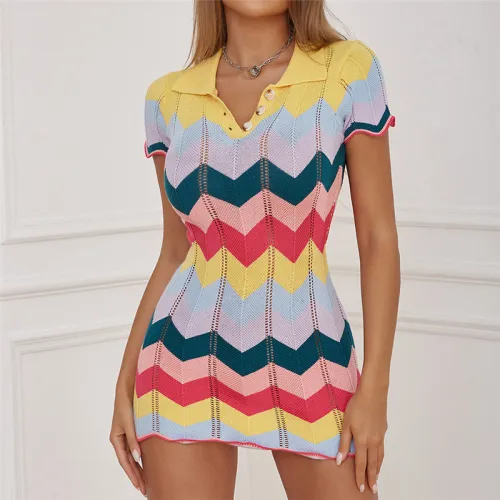 Fashion polo neck wavy short sleeve slim hip knitted dress