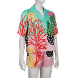 Women's vacation style coral color printed lapel shirt T-shirt top shorts two-piece set T23661