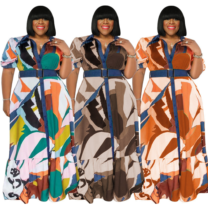 Colorful Print Belted Loose Plus Size Women's Dress