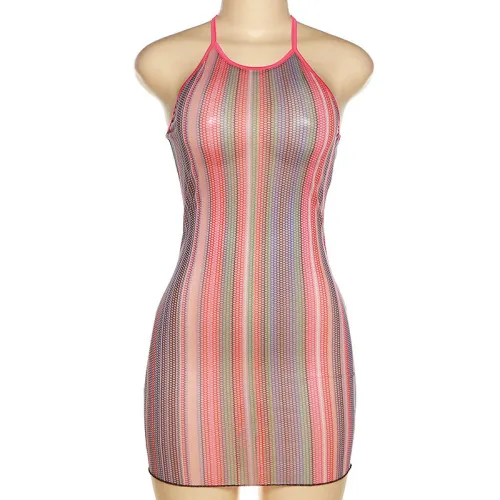 Fashion halter neck open back mesh print sexy slim hip dress