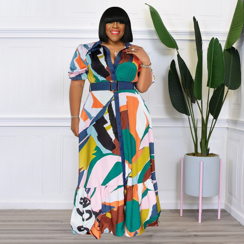 Colorful Print Belted Loose Plus Size Women's Dress