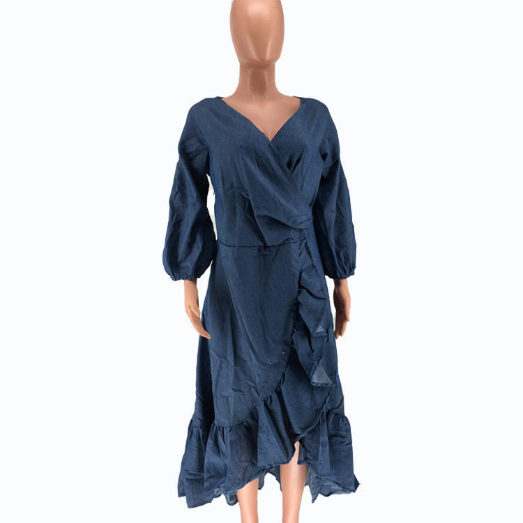 Women's Long Sleeve Wrinkled Irregular Fashion Denim Skirt