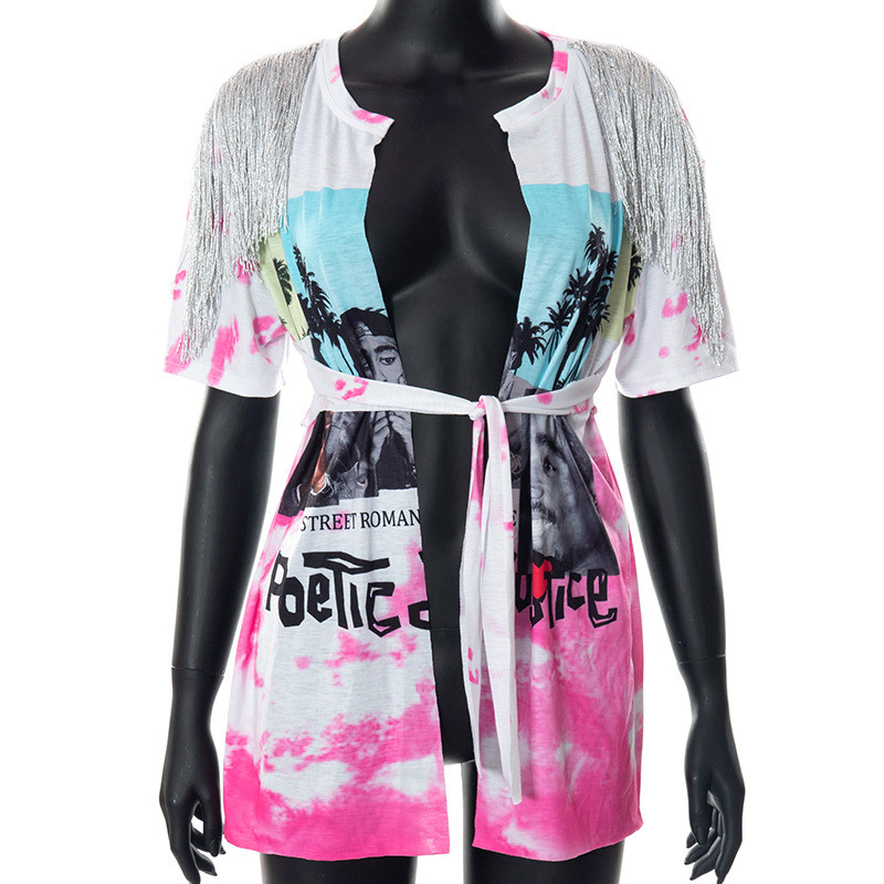 Fashion Printed Hip Hop Street Casual Fringe Lace-Up Short Sleeve T-Shirt