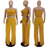 Solid color sexy pleated wrap chest pocket loose wide leg pants casual two-piece set