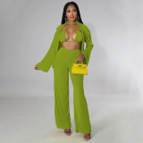 Large size women's wrap chest sexy waistless cardigan flared sleeves casual three-piece suit