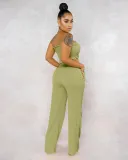 Solid color sexy pleated wrap chest pocket loose wide leg pants casual two-piece set