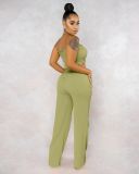 Solid color sexy pleated wrap chest pocket loose wide leg pants casual two-piece set