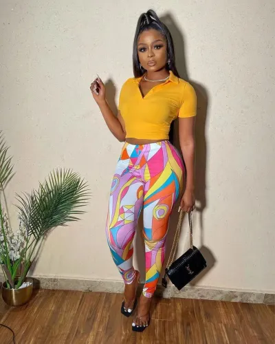 V-neck T-shirt top and printed trousers two-piece set
