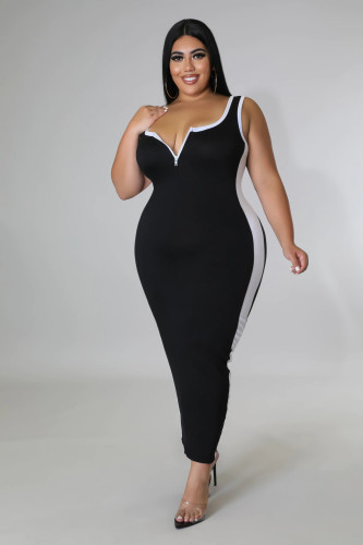 Patchwork Zipper V-Neck Tank Top Dress 3 Colors