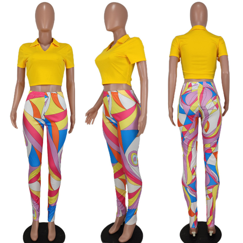 V-neck T-shirt top and printed trousers two-piece set
