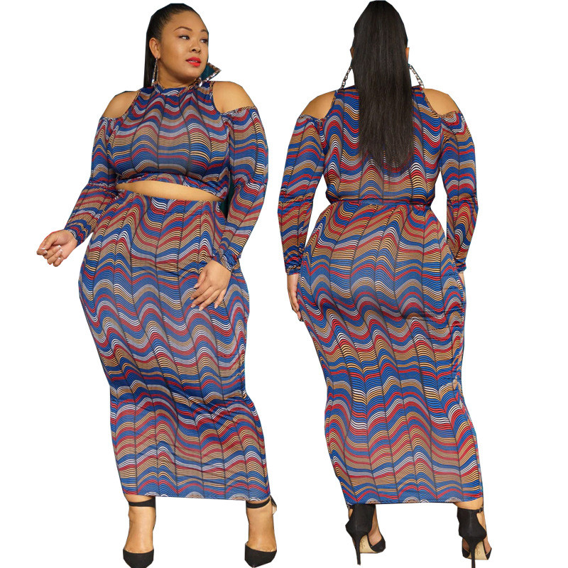 Plus size women's printed straight woolen off-the-shoulder long-sleeved hip-length dress two-piece set