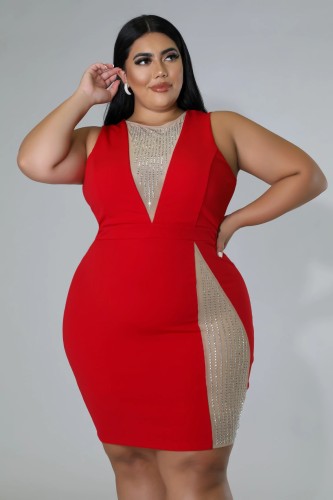 Plus Size Women Fashion V Neck Sexy Hot Drill Sleeveless Dress 2 Colors