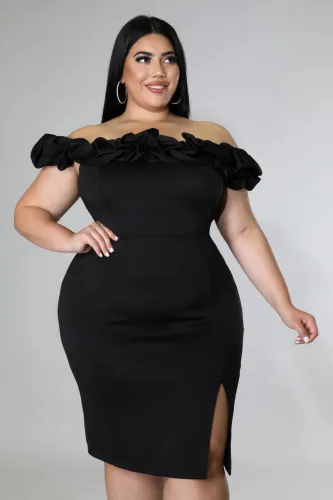 Large size fashion party party one word neck dress temperament commuter solid color dress