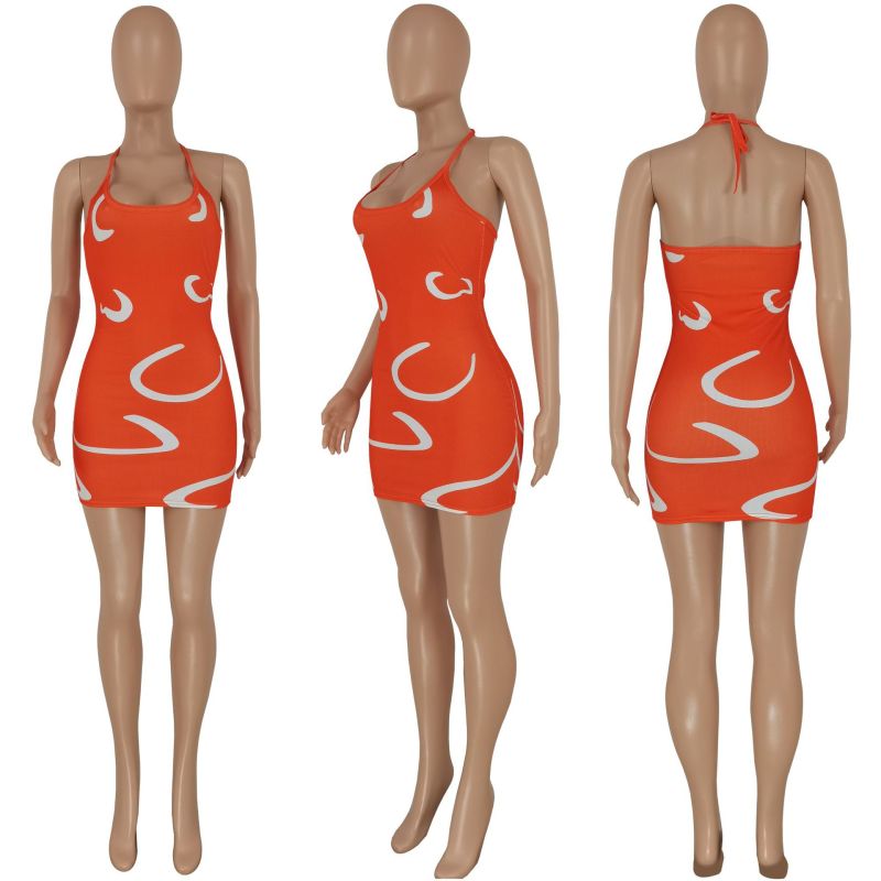 Women's Sexy Halter Skinny Pit Strip Print Dress