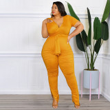 Solid Color V-Neck Belted Fashion Sexy Tight Plus Size Women's Casual Suit