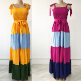 Plus Size Women's Sling Contrast Color Patchwork Tie Waist Dress