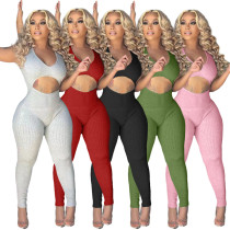 Women's Sexy Solid Color Hollow Deep V Casual Jumpsuit