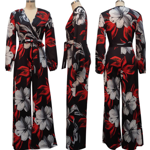 Sexy Fashion Digital Printed Long Sleeve V-Neck Women's Jumpsuit