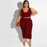 Plus Size Women's Plain Color Fashion Deep V Two Piece Set