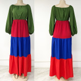 Plus size women's solid color stitching contrast color dress