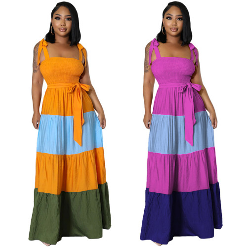 Plus Size Women's Sling Contrast Color Patchwork Tie Waist Dress