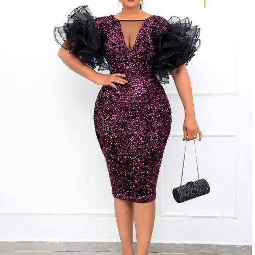 Mesh Ruffle Sleeve Sequin Pack Hip Body Dress