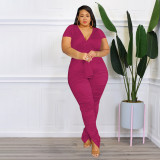 Solid Color V-Neck Belted Fashion Sexy Tight Plus Size Women's Casual Suit