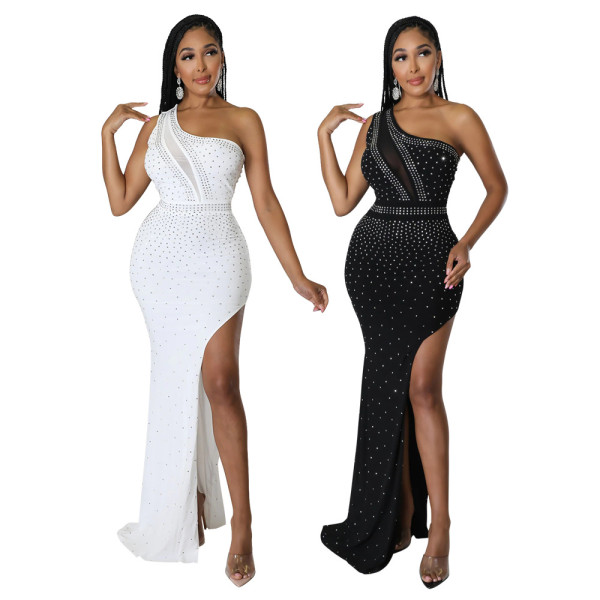 Fashion sexy slanted shoulder waist high slit leak backpack hip hot drill party dress