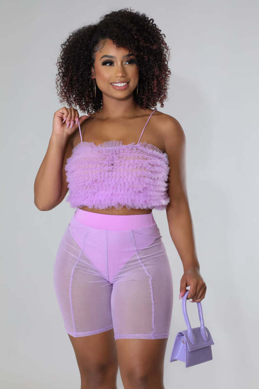 Women's Stretch Mesh Wavy Ruffle Sling Top Mesh Pants Set