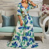 Casual Suit Printed V-Neck Tie Top Wide Leg Pants Two Piece