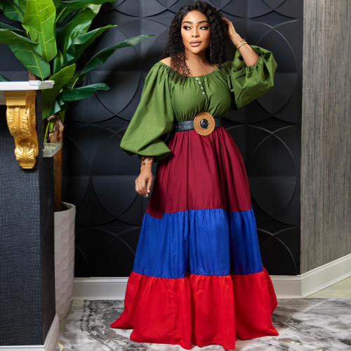 Plus size women's solid color stitching contrast color dress