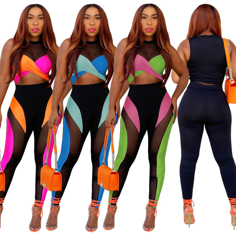 Perspective Women's Contrast Color Patchwork Mesh Sleeveless Pants Suit Sexy Casual Sportswear
