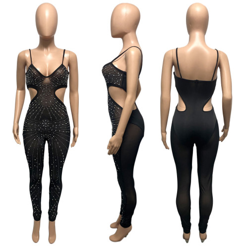 Hot drill mesh sexy suspender jumpsuit
