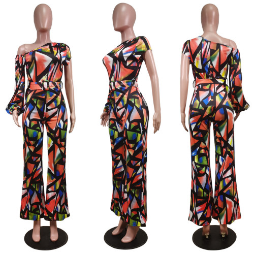 Fashion Irregular Diagonal Neck Print Jumpsuit (with Belt)