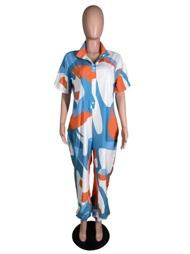 Women's Loose Statement Print Stand Collar Jumpsuit with Pockets