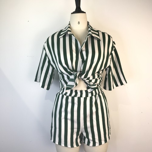 Sexy Fashion Shorts Set Button Stripe Shirt Two Piece