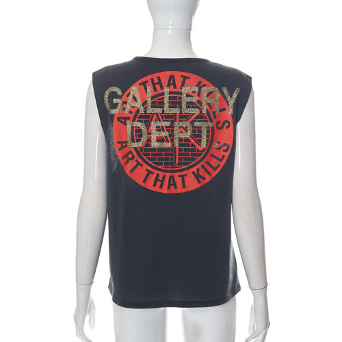 Letter Print Crew Neck Sleeveless Loose Tank Top