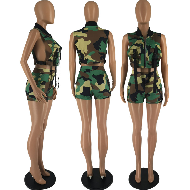 Fashion sexy camouflage print sleeveless vest vest shorts suit