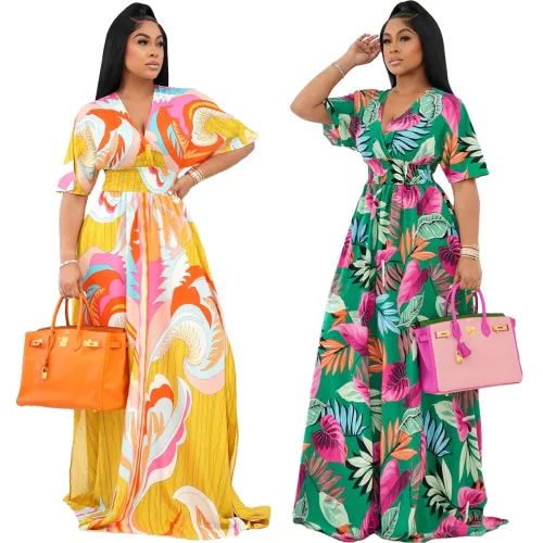 Printed V-Neck Short Sleeve Loose Long Dress