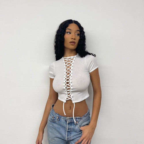 Solid Color Casual Hollow Out Navel Banding Short Sleeve T-Shirt Top