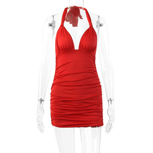 Deep V-neck halterneck strapless backless sexy pleated dress