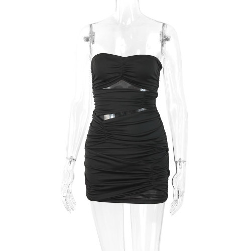 Women's pleated dress sexy tube top hollow bag hip skirt