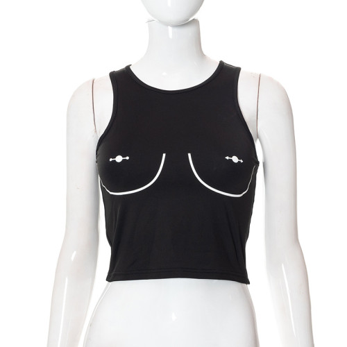 Printed Crew Neck Sleeveless Crop Tank Top T-Shirt Casual Top