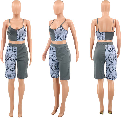 Colorblock Sling Print Loose Wide Leg Two-Piece Set