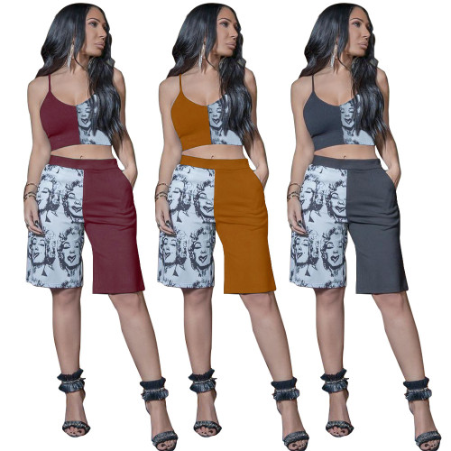 Colorblock Sling Print Loose Wide Leg Two-Piece Set