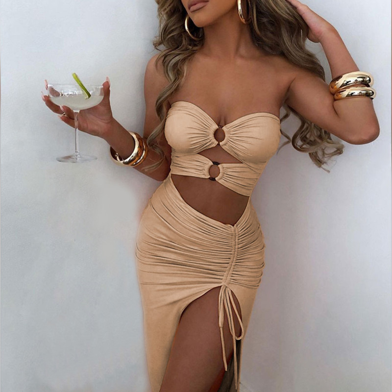 Women's drawstring hip dress sexy backless pleated tube top dress