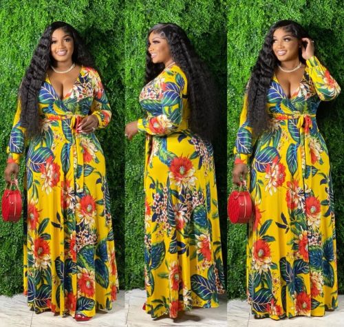 Women's Sexy V-Neck Beautifully Printed Plus Size Floor Length Dress